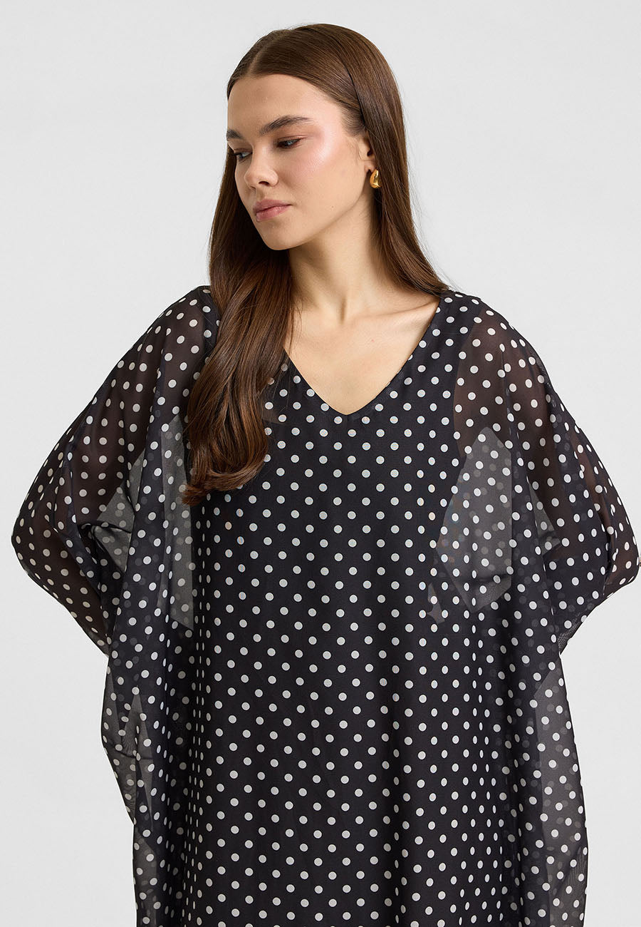 Hina V Yakalı Puantiyeli Şifon Elbise-RS26E0310