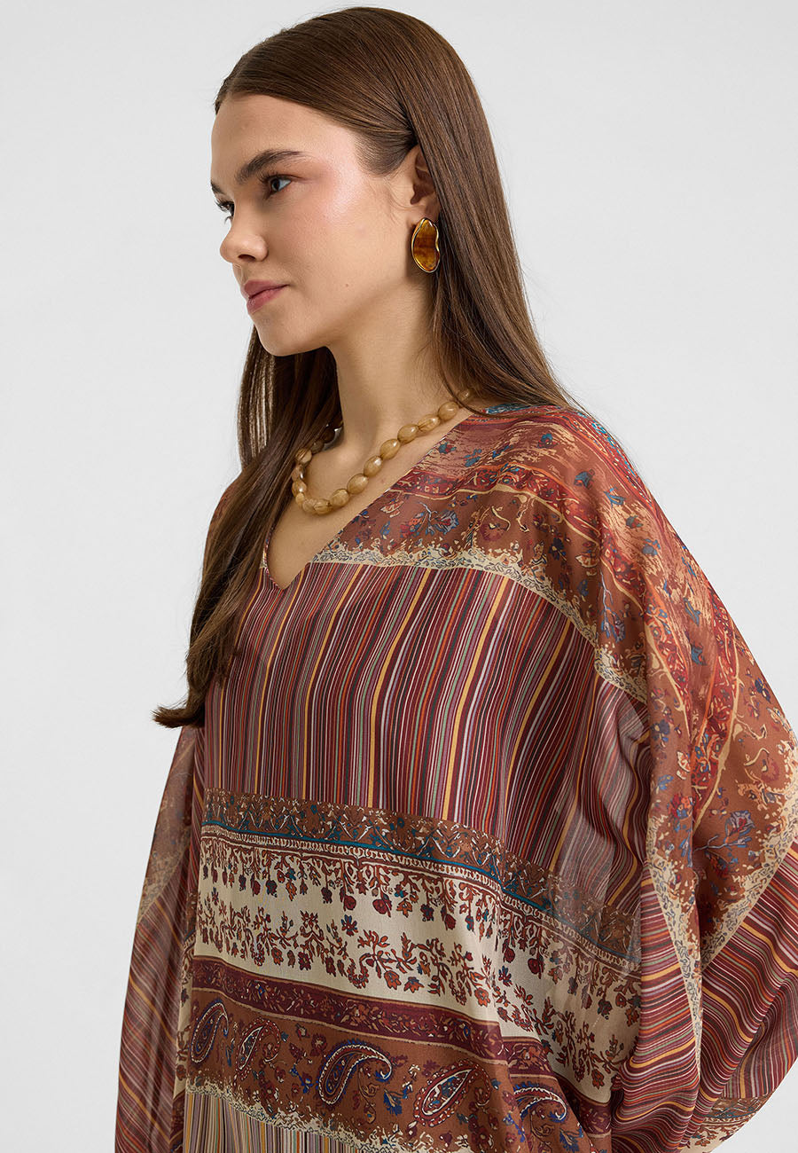 Hina V Yakalı Momiji Desenli Şifon Elbise-RS26E0310