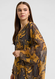 Hina V Yakalı Hardal Desenli Şifon Elbise-RS26E0310
