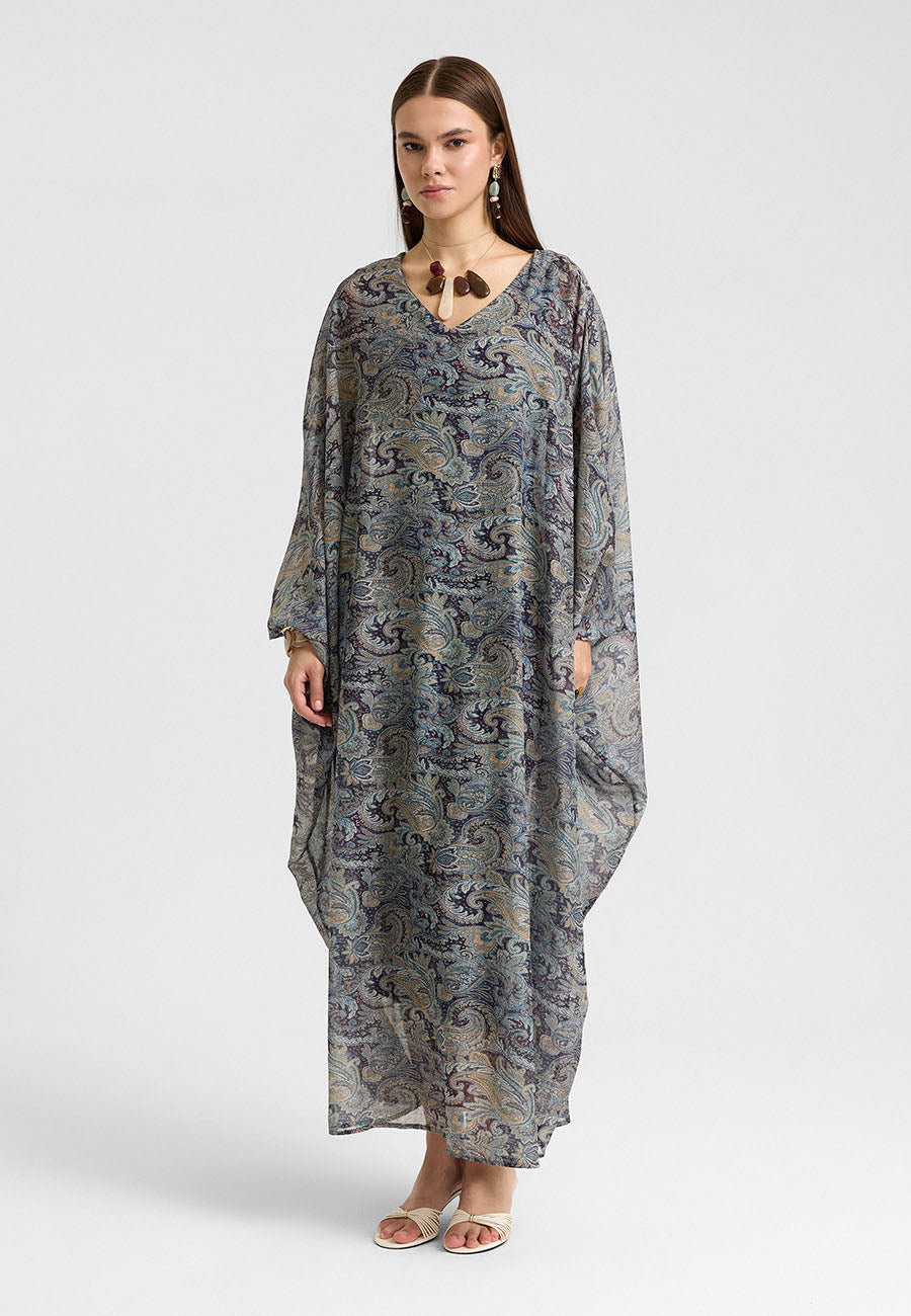 Hina V Yakalı Vintage Desenli Şifon Elbise-RS26E0310