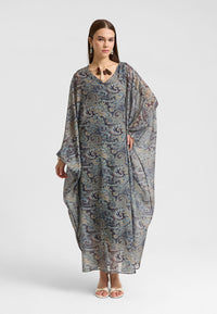 Hina V Yakalı Vintage Desenli Şifon Elbise-RS26E0310