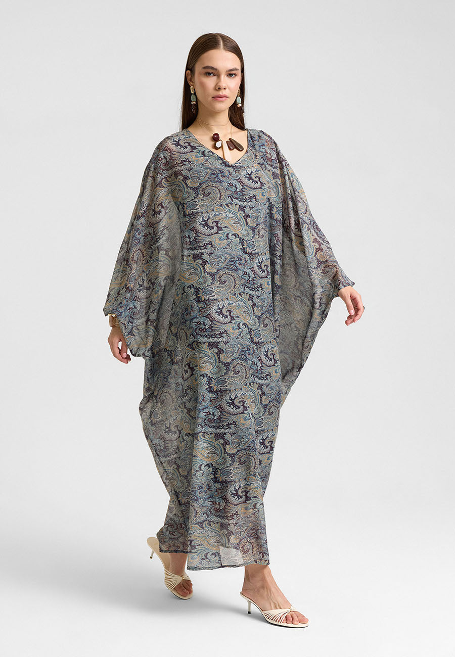 Hina V Yakalı Vintage Desenli Şifon Elbise-RS26E0310