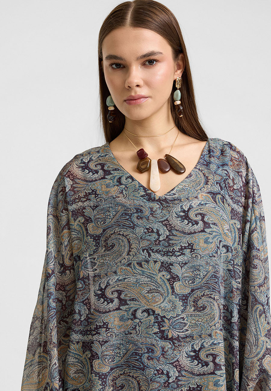 Hina V Yakalı Vintage Desenli Şifon Elbise-RS26E0310