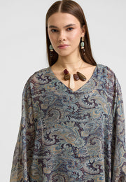Hina V Yakalı Vintage Desenli Şifon Elbise-RS26E0310
