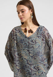 Hina V Yakalı Vintage Desenli Şifon Elbise-RS26E0310