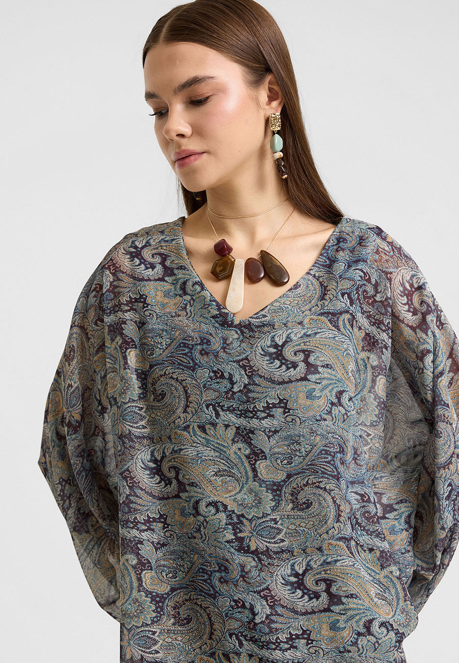 Hina V Yakalı Vintage Desenli Şifon Elbise-RS26E0310