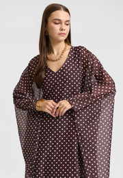 Hina V Yakalı Kahve Puantiyeli Şifon Elbise-RS26E0310