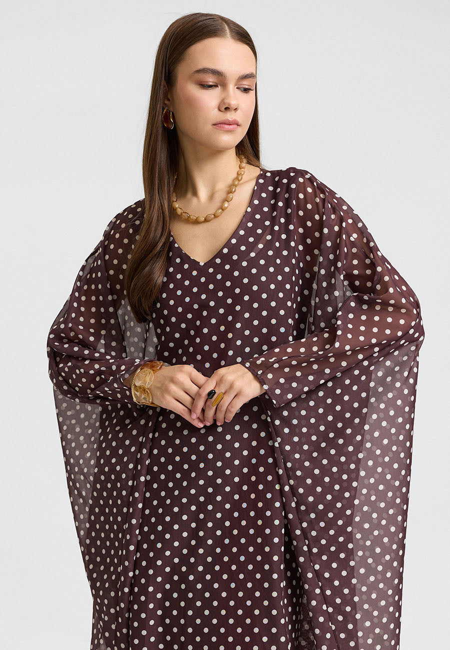 Hina V Yakalı Kahve Puantiyeli Şifon Elbise-RS26E0310