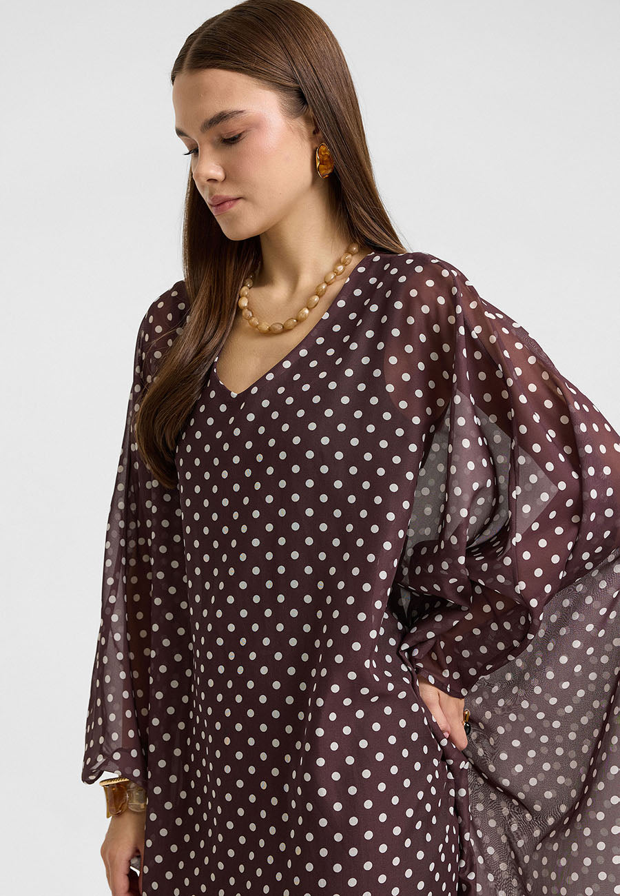 Hina V Yakalı Kahve Puantiyeli Şifon Elbise-RS26E0310
