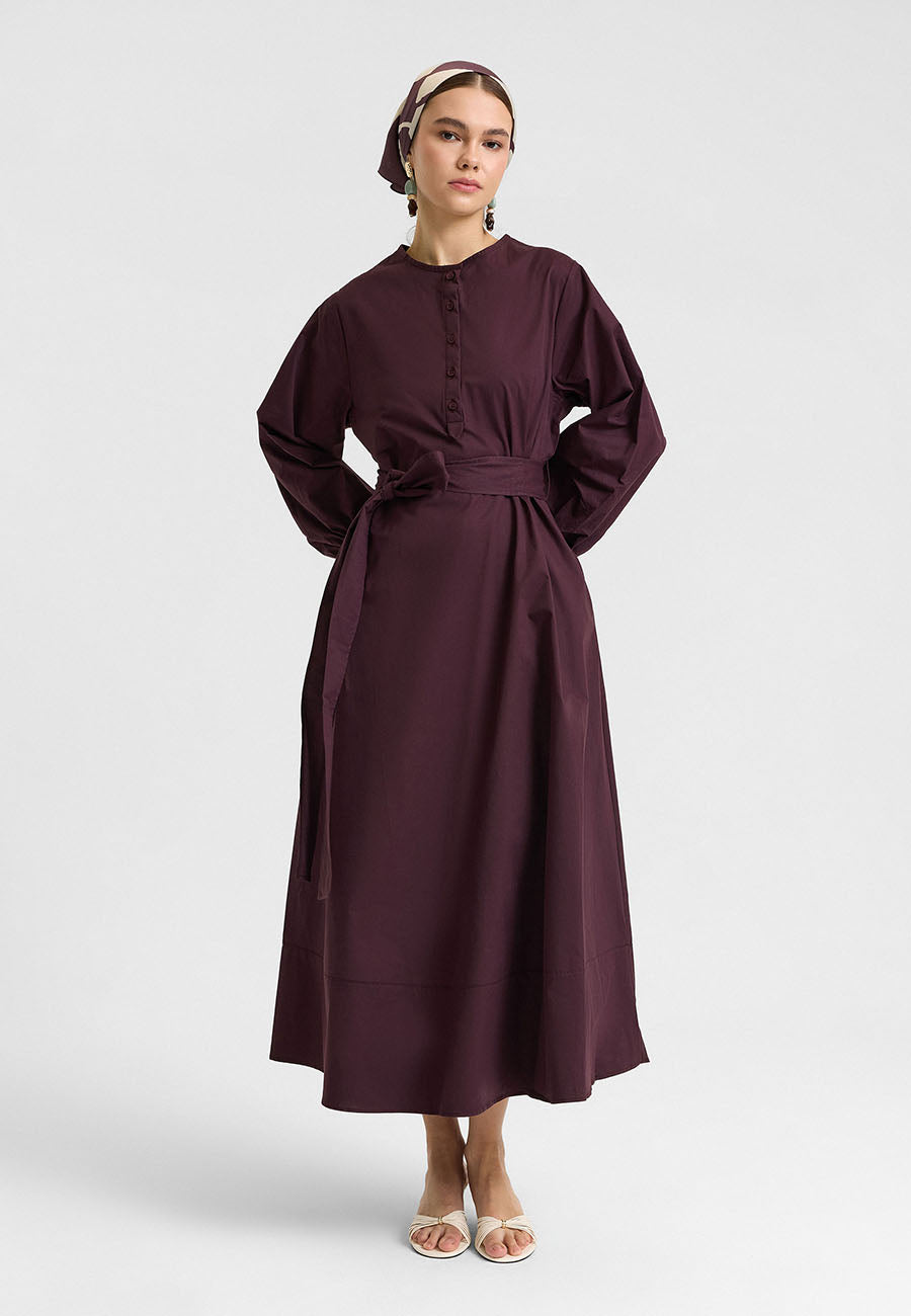 Kuşaklı Elbise Mürdüm-RS262349
