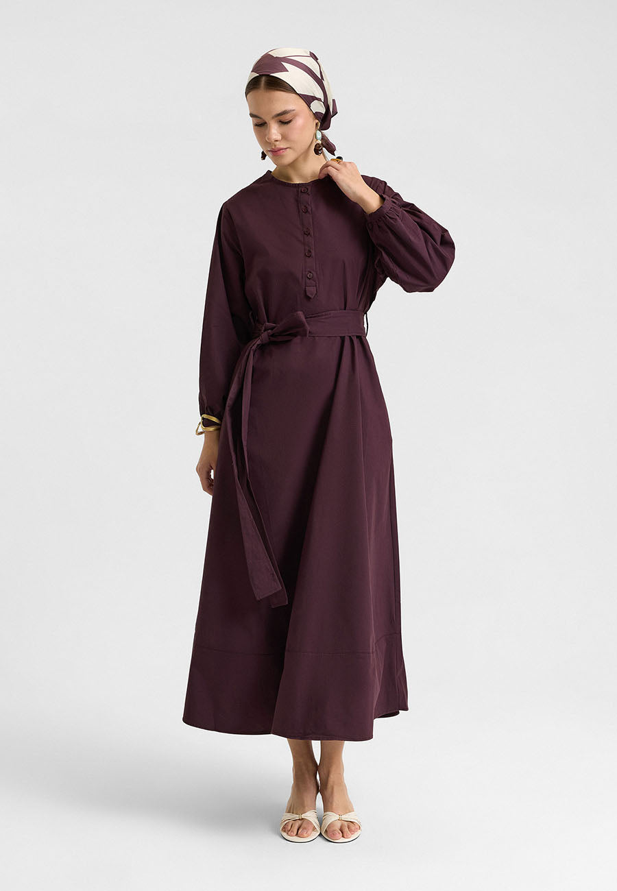 Kuşaklı Elbise Mürdüm-RS262349