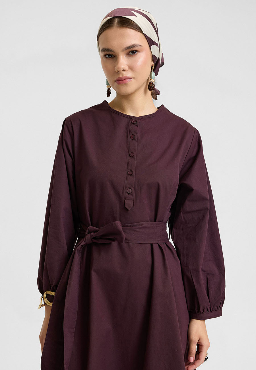 Kuşaklı Elbise Mürdüm-RS262349