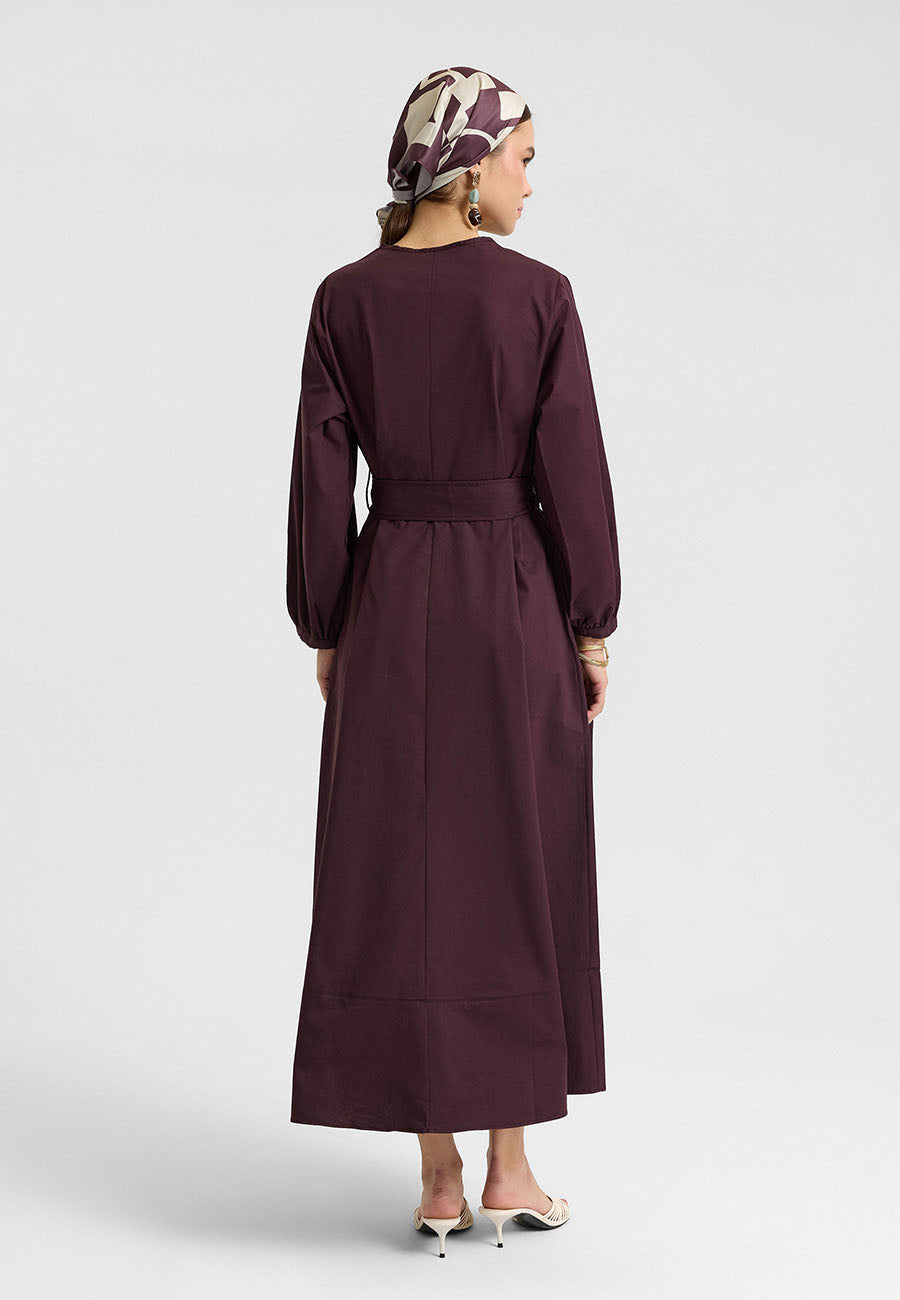 Kuşaklı Elbise Mürdüm-RS262349
