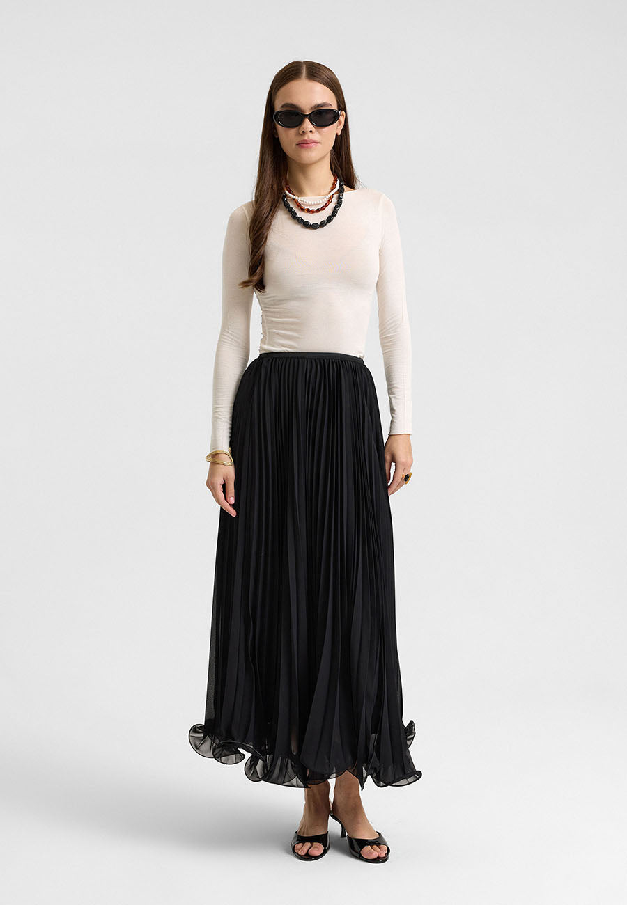 Misinalı Dalga Uçlu Şifon Etek Siyah-RS264997