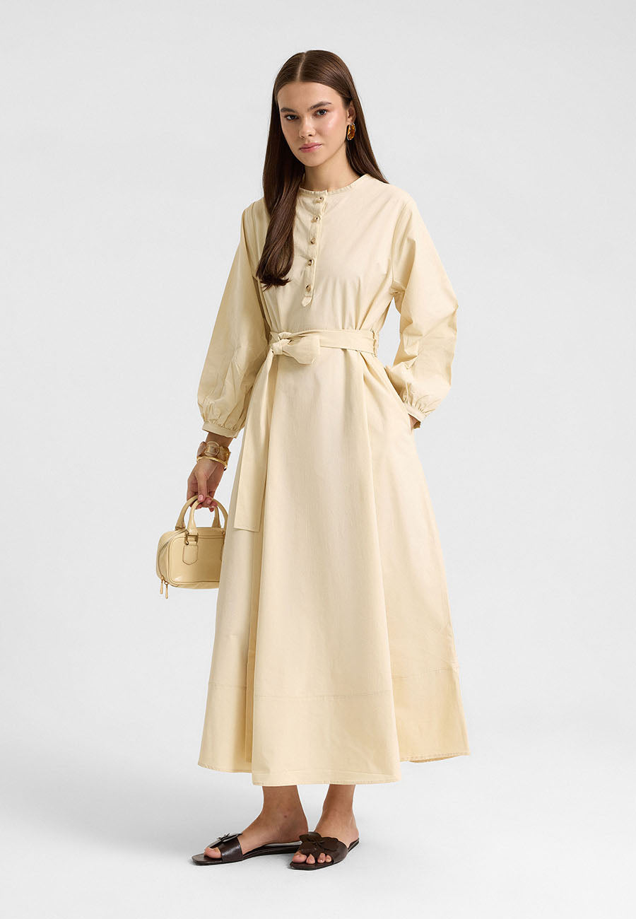 Kuşaklı Elbise Krem-RS262349