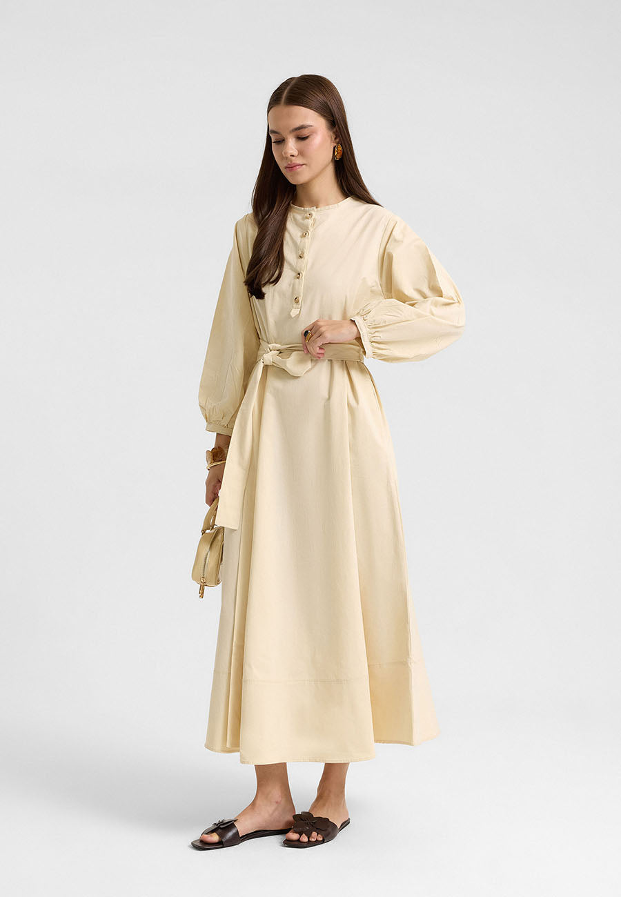 Kuşaklı Elbise Krem-RS262349