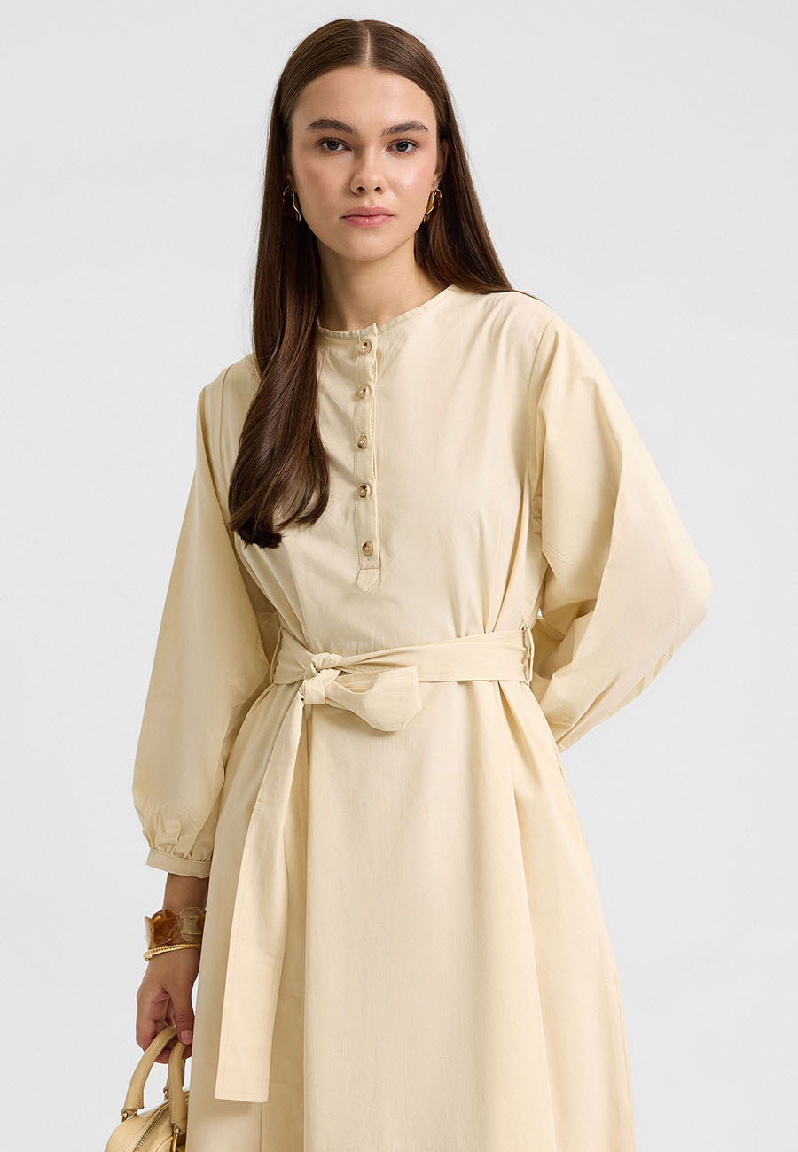 Kuşaklı Elbise Krem-RS262349