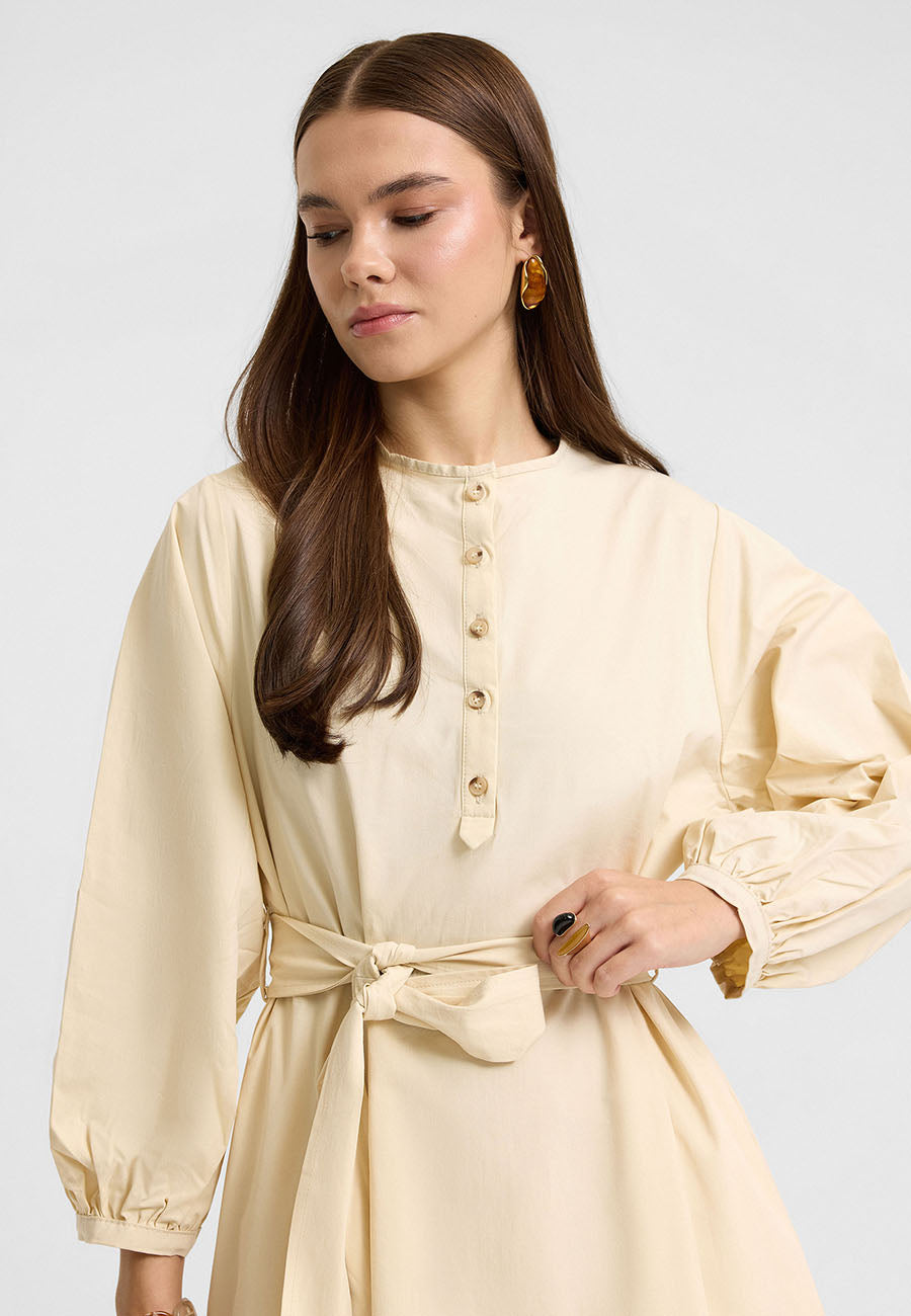 Kuşaklı Elbise Krem-RS262349