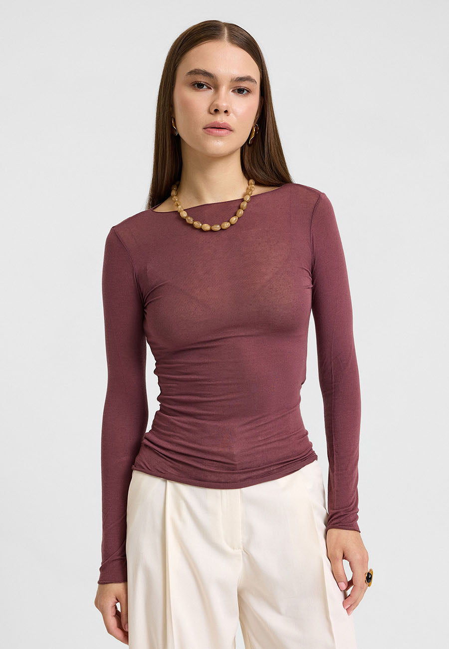 Kayık Yaka Kaşmir Karışımlı Modal Bluz Mürdüm-RS32122
