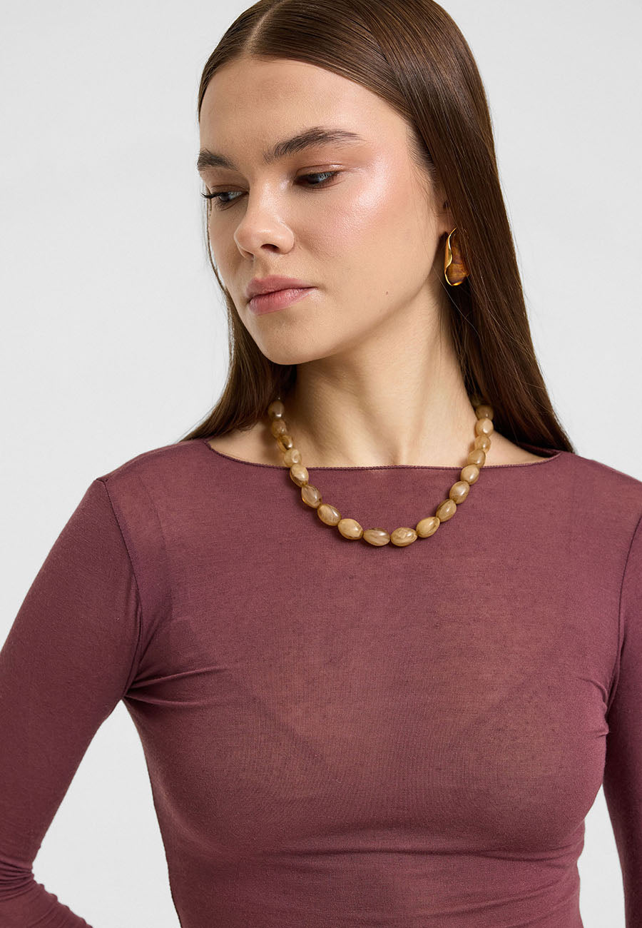Kayık Yaka Kaşmir Karışımlı Modal Bluz Mürdüm-RS32122