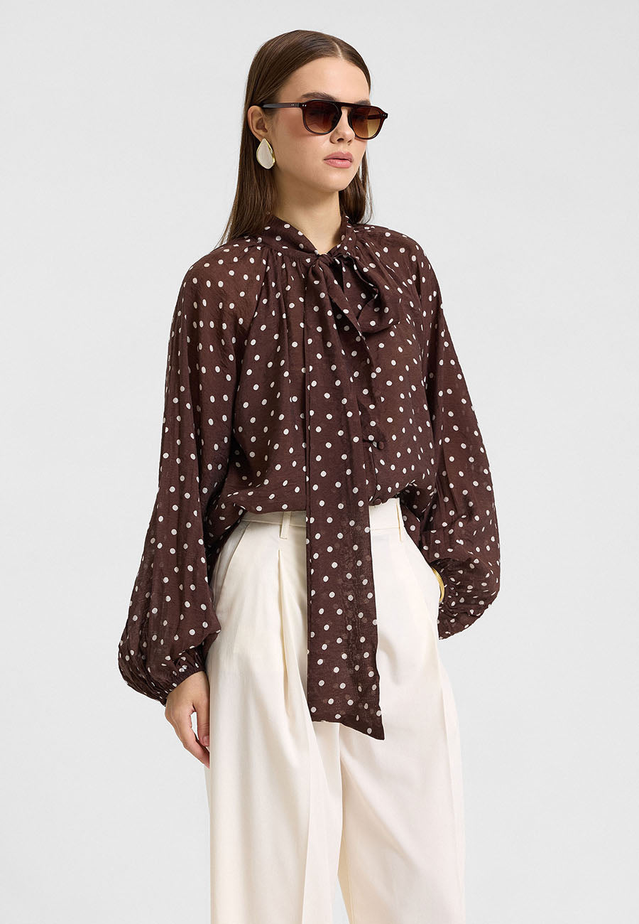 Puantiyeli Fularlı Gömlek Kahve-RS263259