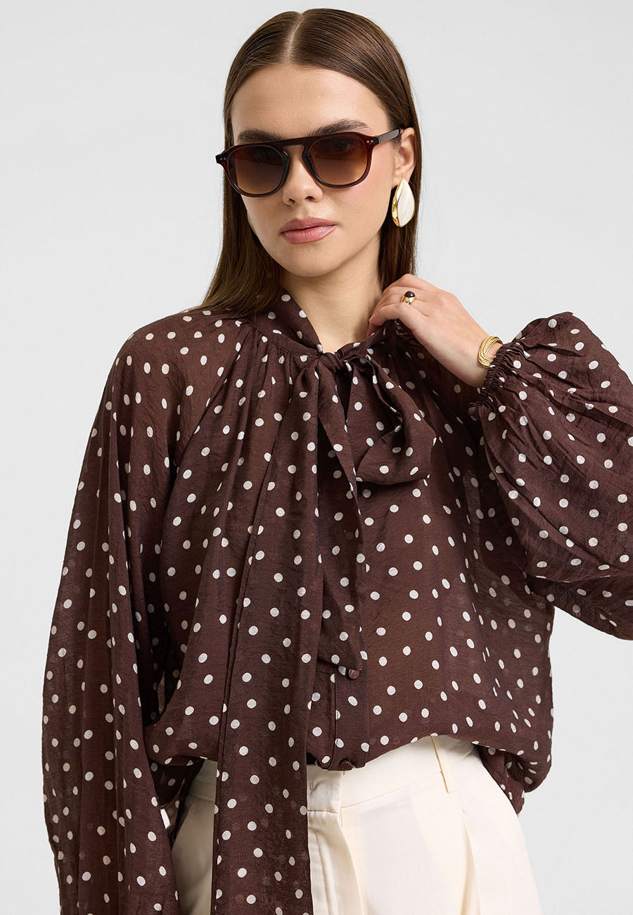 Puantiyeli Fularlı Gömlek Kahve-RS263259