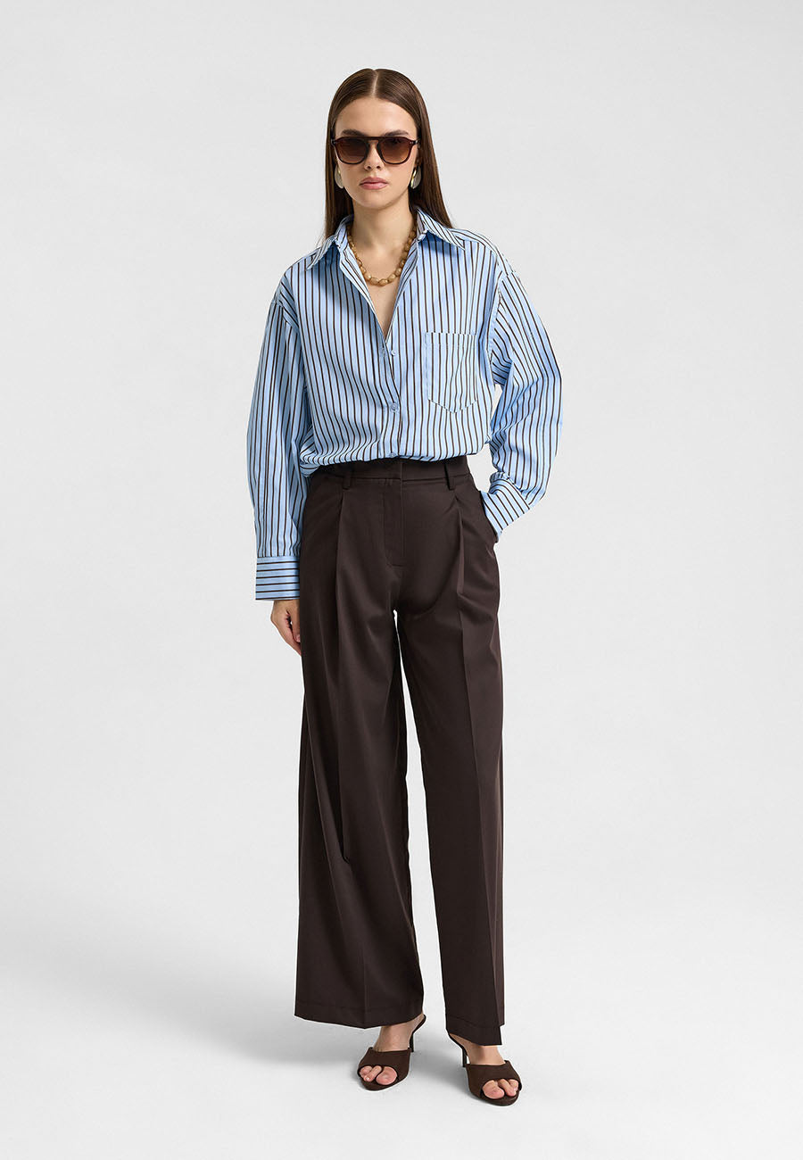 Pileli Geniş Paça Pantolon Kahve-RS72657