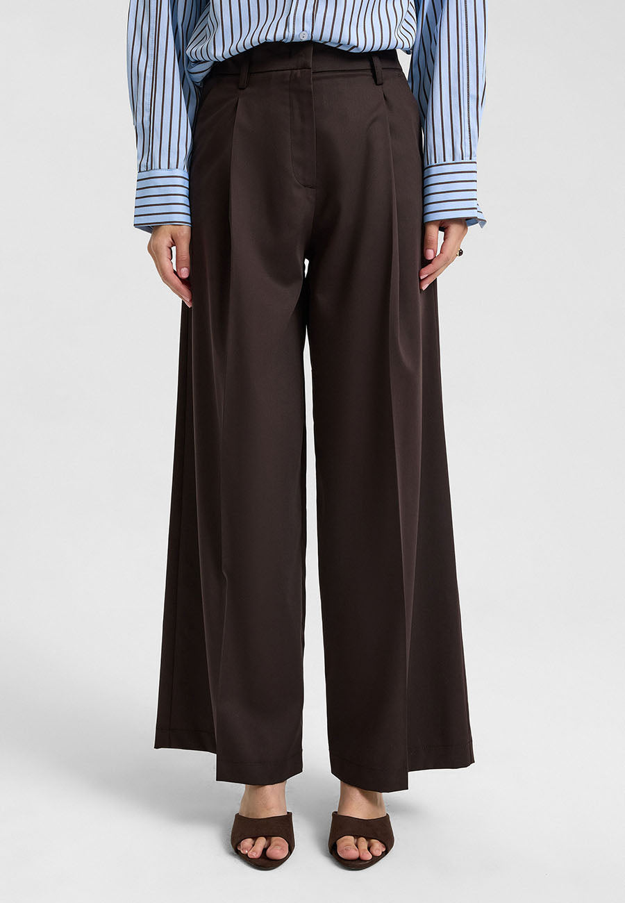 Pileli Geniş Paça Pantolon Kahve-RS72657