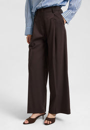 Pileli Geniş Paça Pantolon Kahve-RS72657