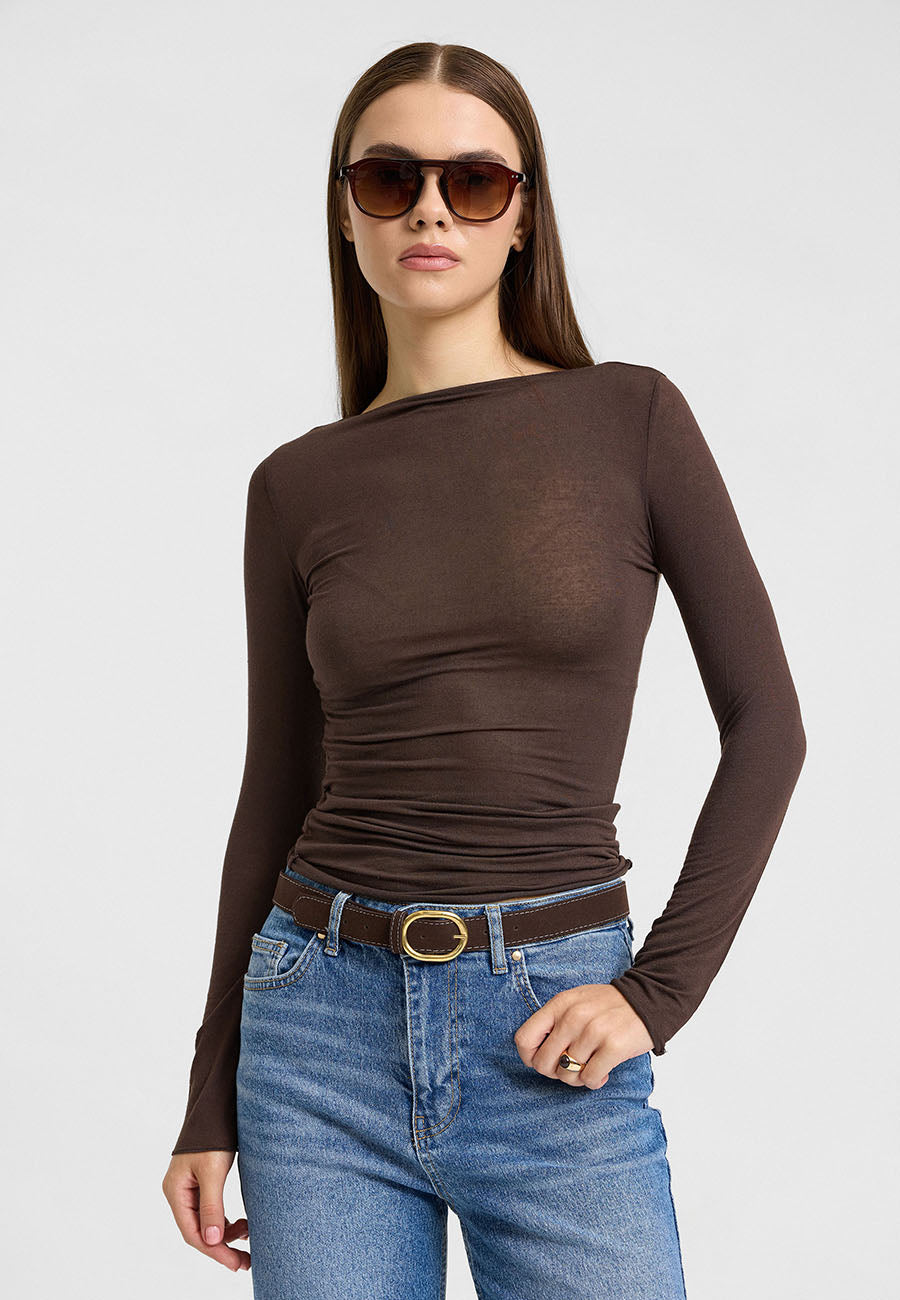 Kayık Yaka Kaşmir Karışımlı Modal Bluz Kahve-RS32122
