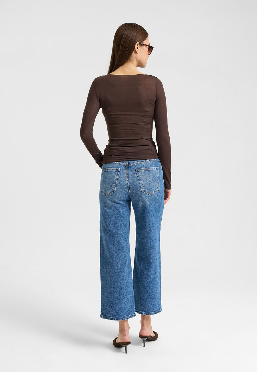 Kayık Yaka Kaşmir Karışımlı Modal Bluz Kahve-RS32122