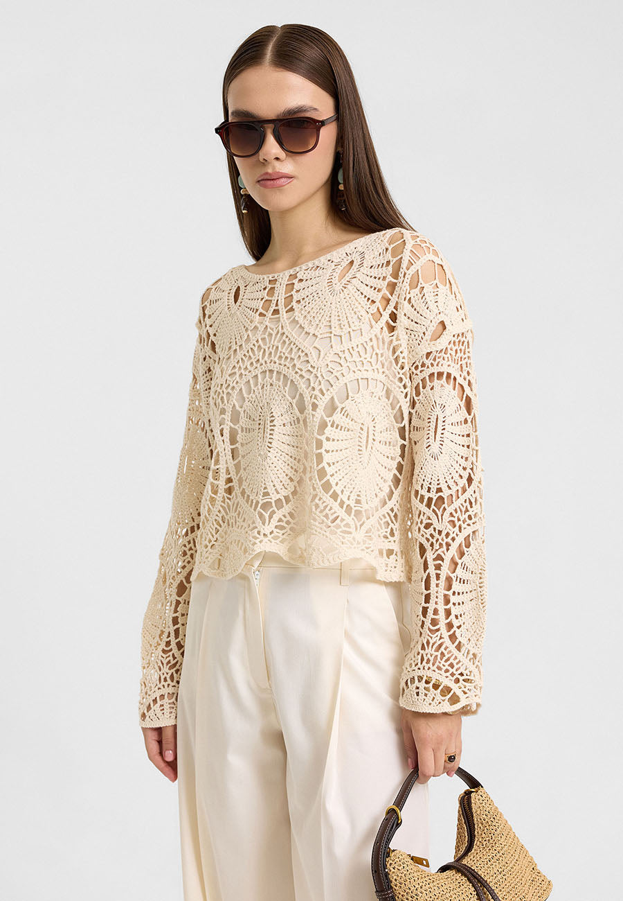 Dantel Crop Bluz Krem-RS26ESQ