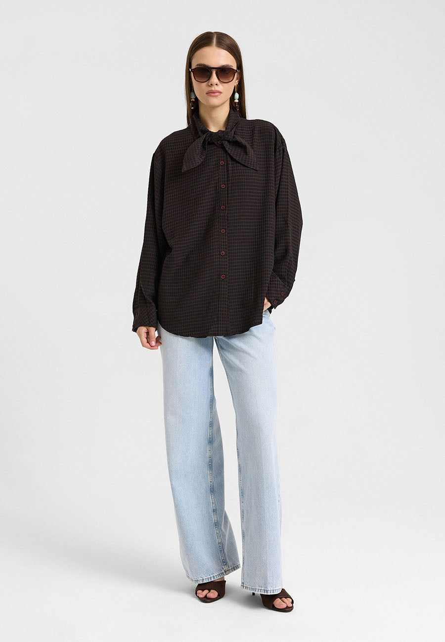 Ekose Fular Yaka Gömlek Kahve/Siyah-RS265450