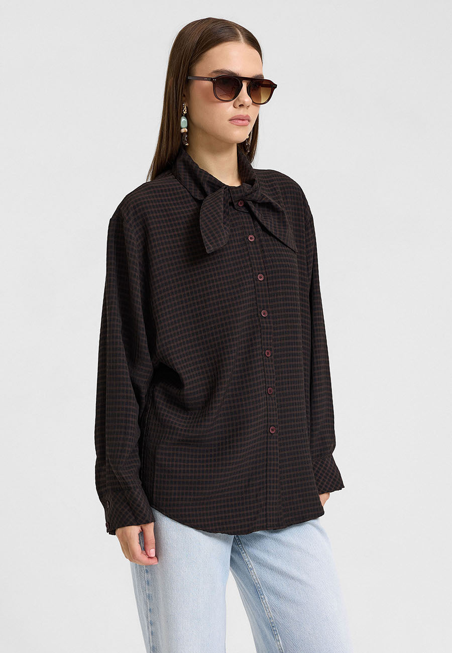 Ekose Fular Yaka Gömlek Kahve/Siyah-RS265450