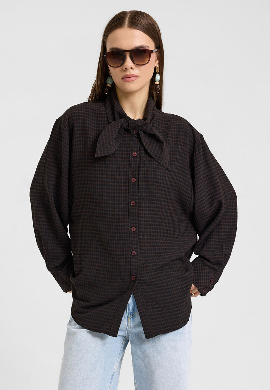 Ekose Fular Yaka Gömlek Kahve/Siyah-RS265450