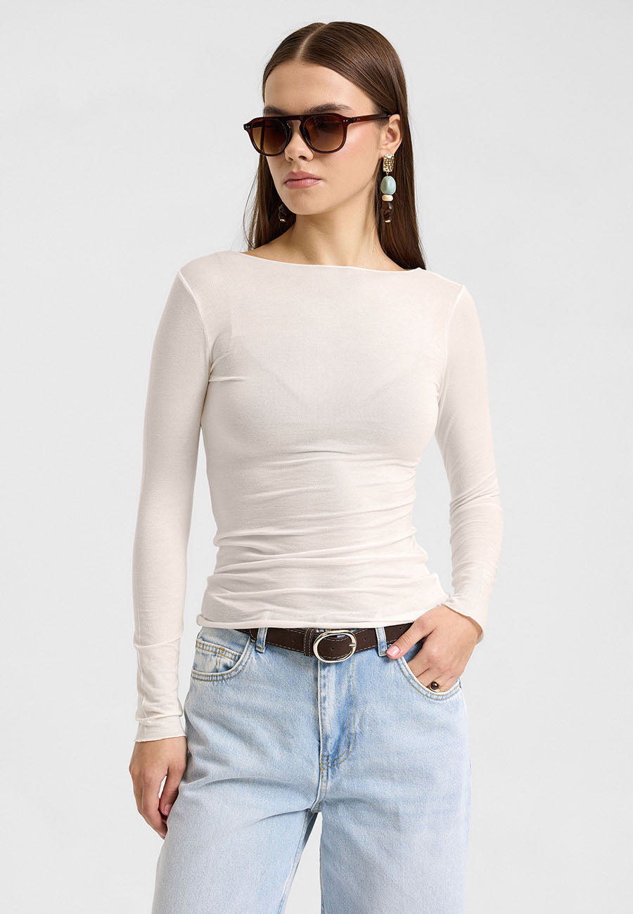 Kayık Yaka Kaşmir Karışımlı Modal Bluz Ekru-RS32122