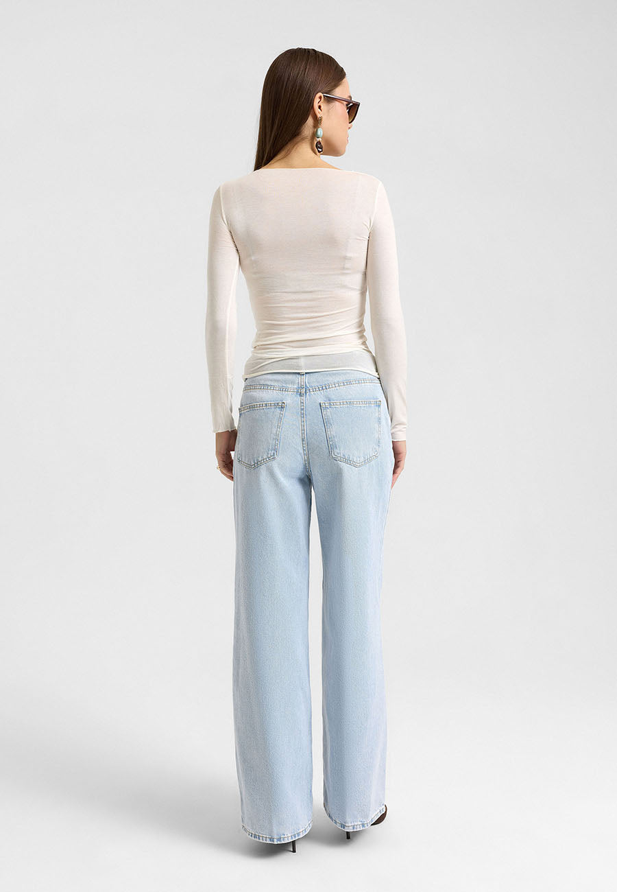 Kayık Yaka Kaşmir Karışımlı Modal Bluz Ekru-RS32122