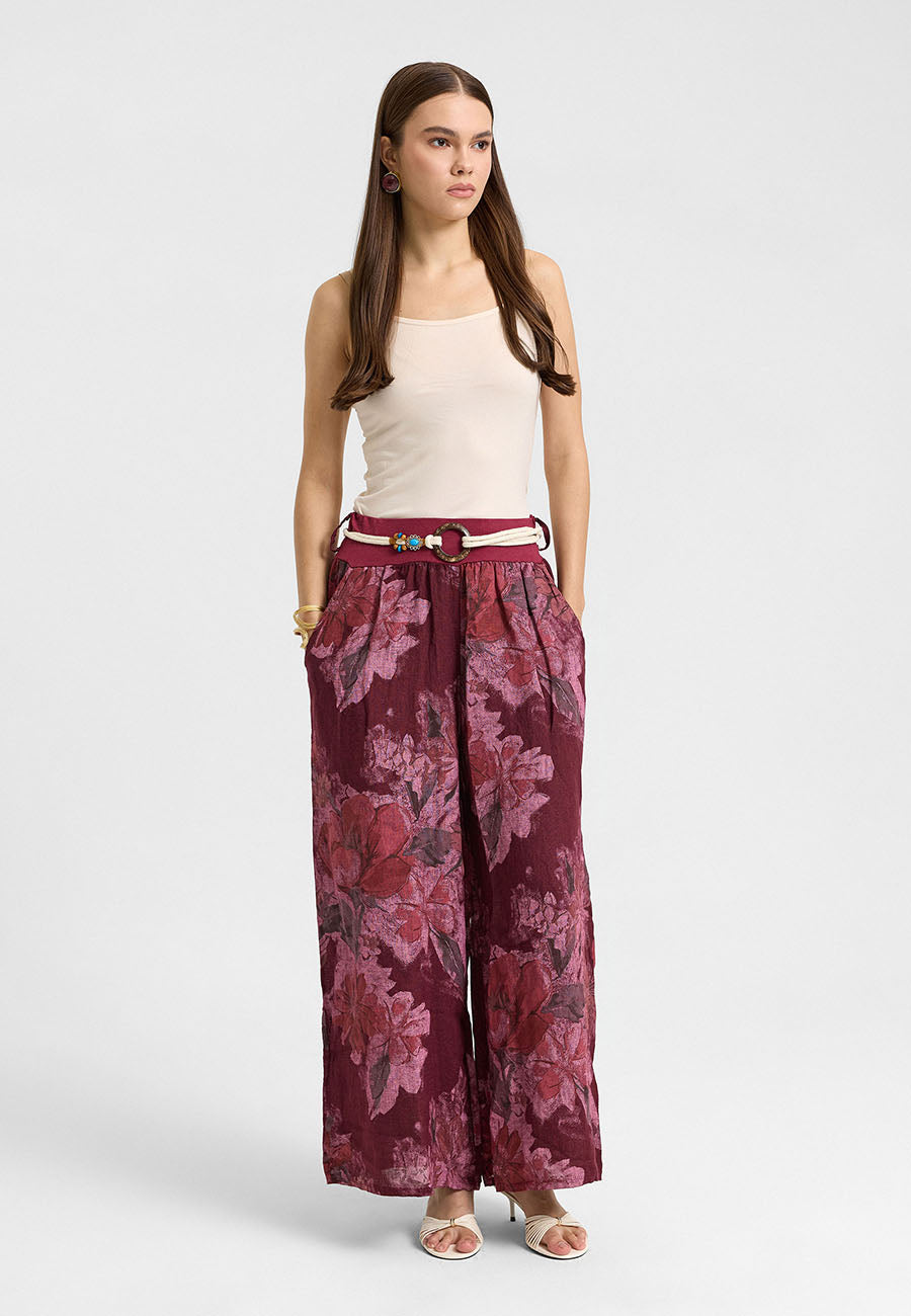 Çiçek Desenli Keten Elbise Pantolon Takım Bordo-RS26F6064