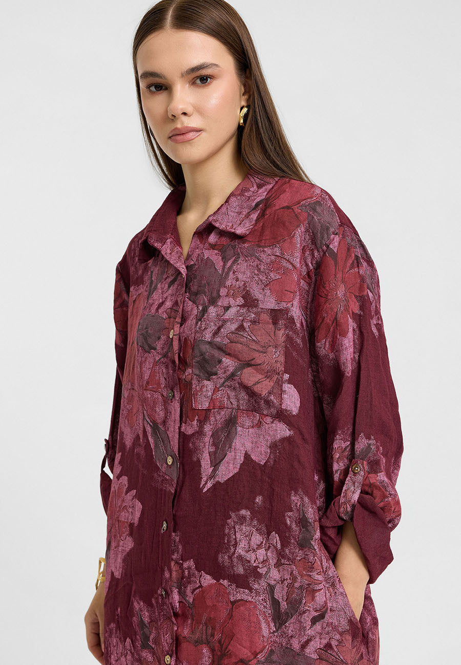 Çiçek Desenli Keten Elbise Pantolon Takım Bordo-RS26F6064