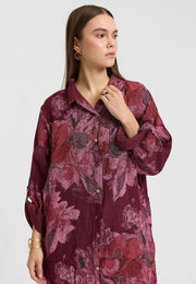 Çiçek Desenli Keten Elbise Pantolon Takım Bordo-RS26F6064