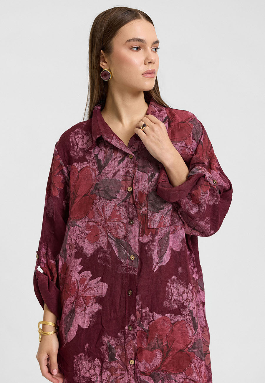 Çiçek Desenli Keten Elbise Pantolon Takım Bordo-RS26F6064