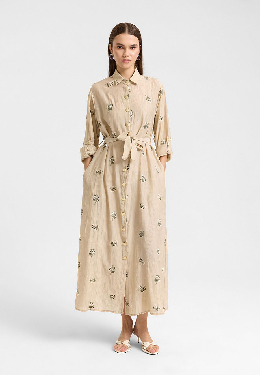 Sümbül Çiçek Gömlek Elbise Bej-RS265390