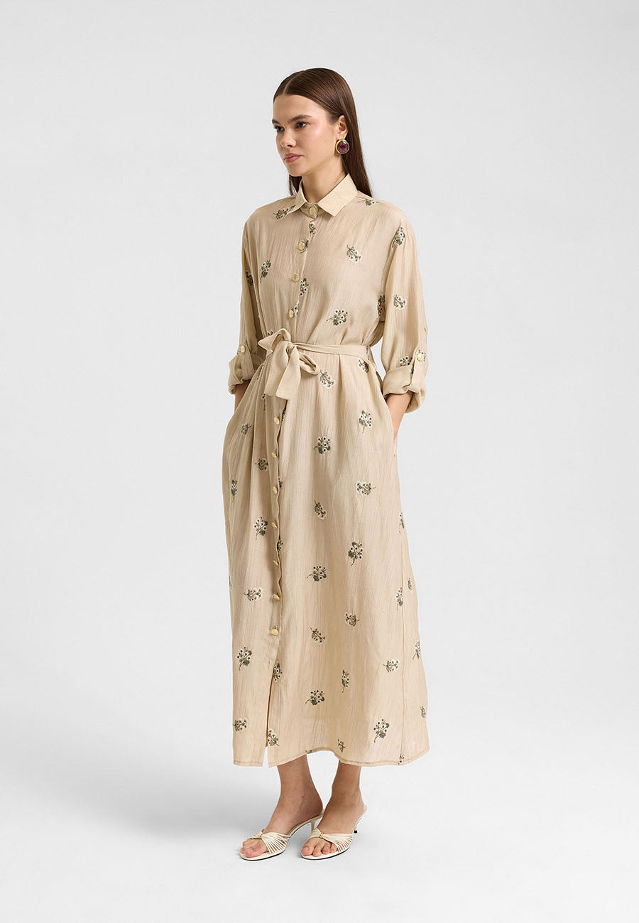 Sümbül Çiçek Gömlek Elbise Bej-RS265390