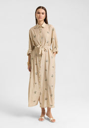 Sümbül Çiçek Gömlek Elbise Bej-RS265390