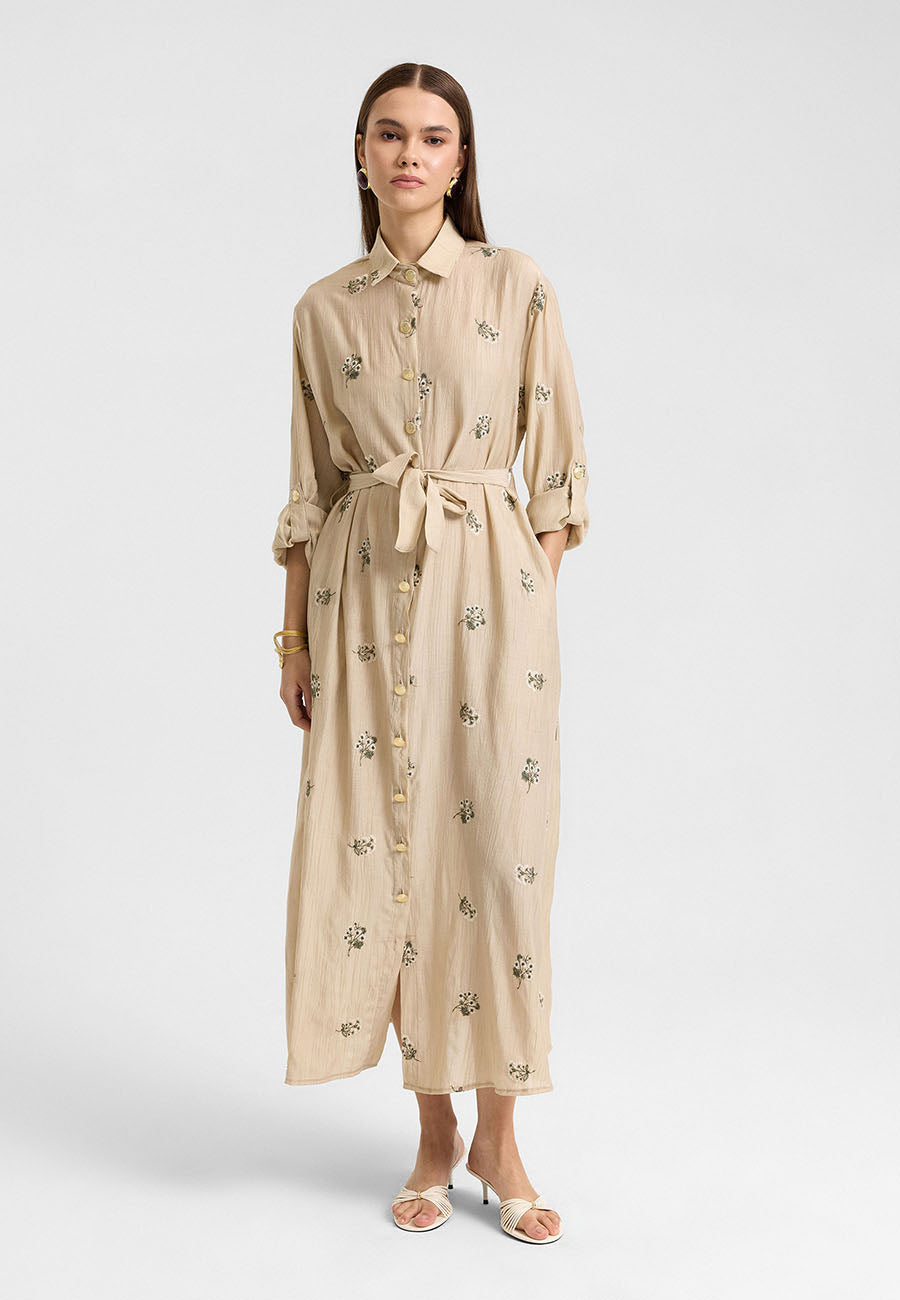 Sümbül Çiçek Gömlek Elbise Bej-RS265390