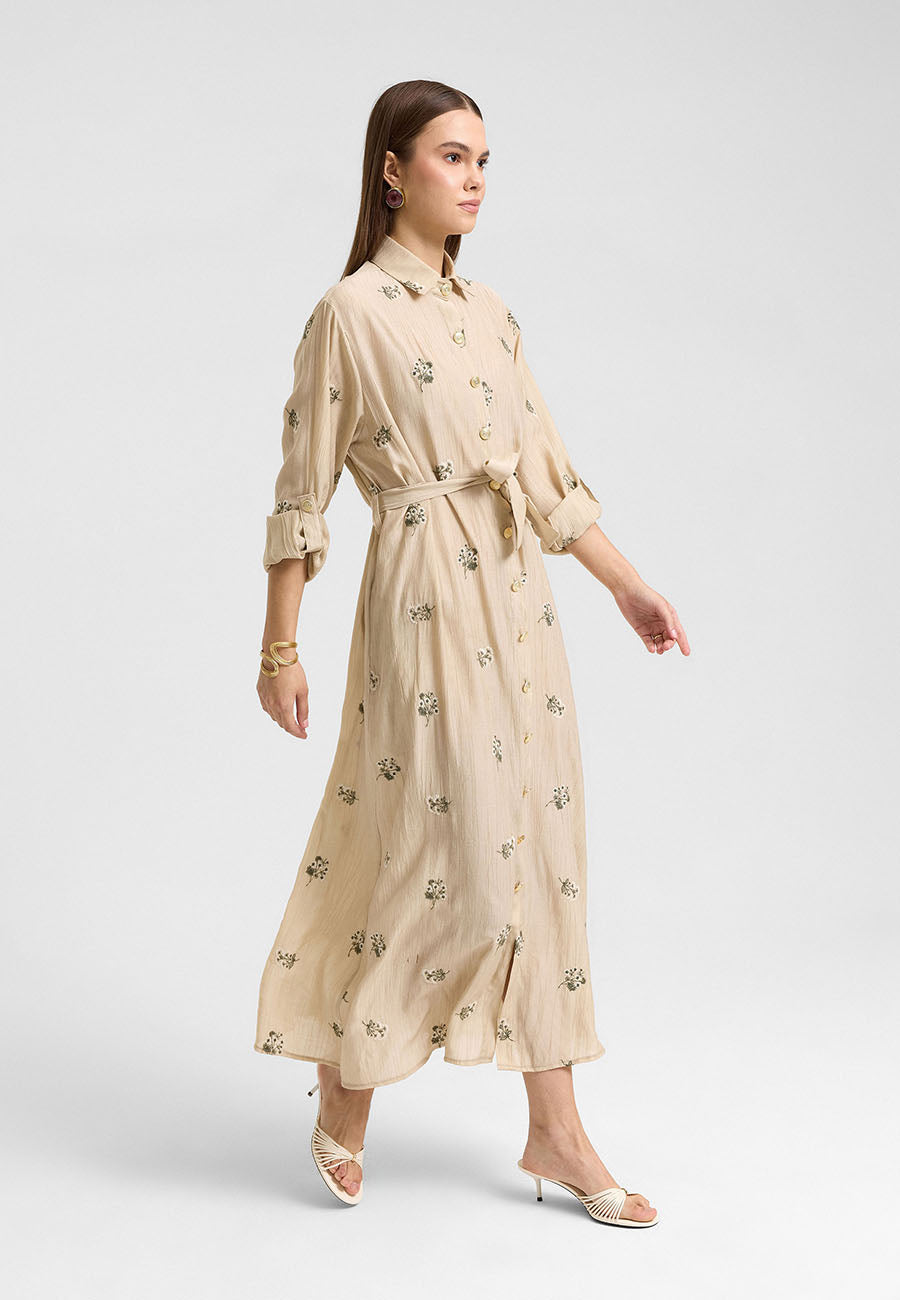 Sümbül Çiçek Gömlek Elbise Bej-RS265390