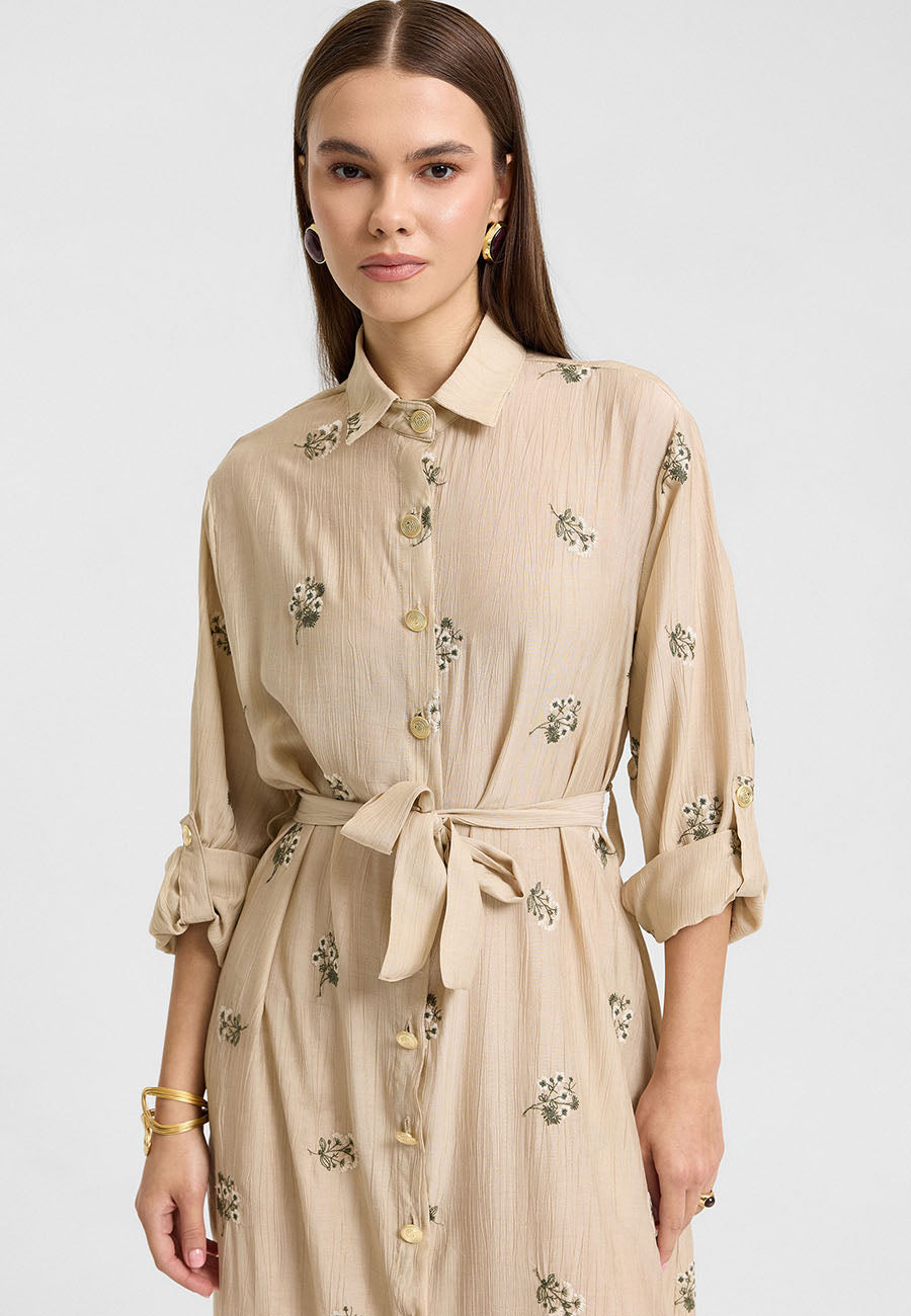 Sümbül Çiçek Gömlek Elbise Bej-RS265390