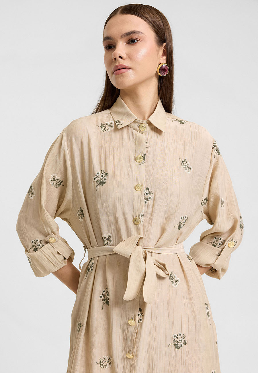 Sümbül Çiçek Gömlek Elbise Bej-RS265390