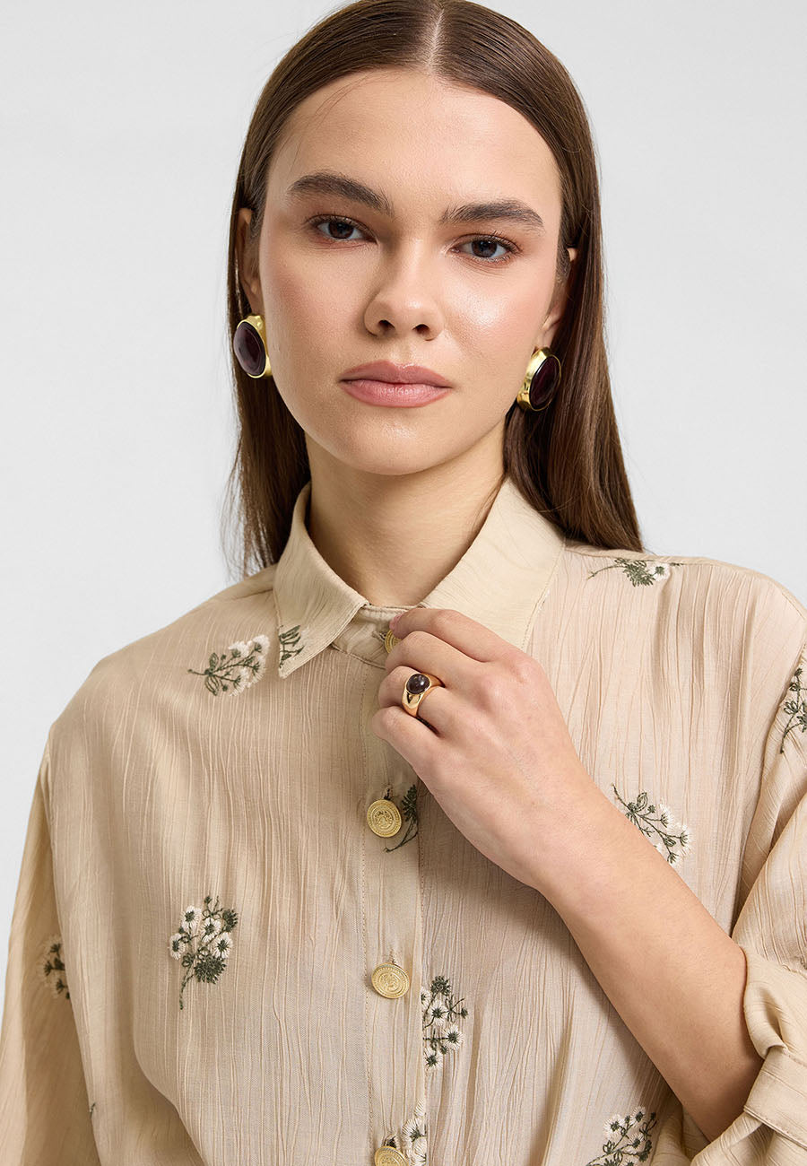 Sümbül Çiçek Gömlek Elbise Bej-RS265390