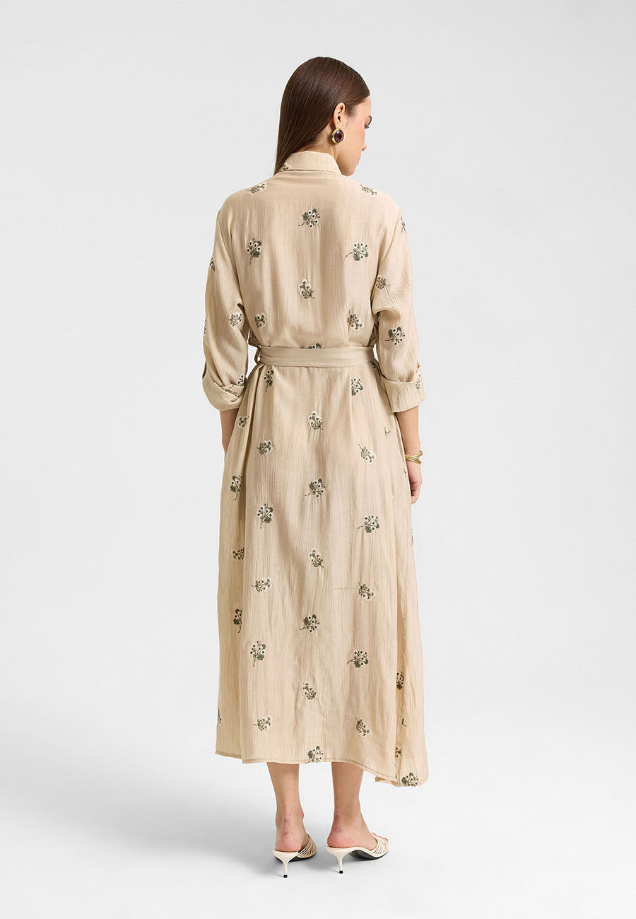 Sümbül Çiçek Gömlek Elbise Bej-RS265390